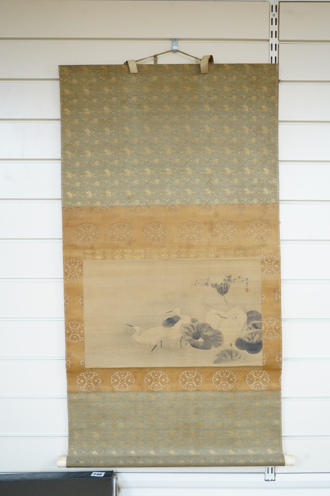 Four Japanese scrolls, to include a monochrome study of birds amongst lily pads, each boxed